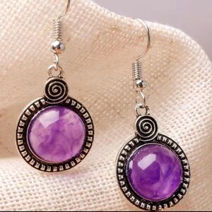 Silver Plated Purple Stone Vintage Boho Drop Earrings